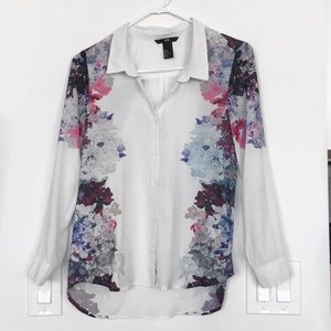 H&M White Multicolor Floral Sheer Button Down Blouse – Size 2